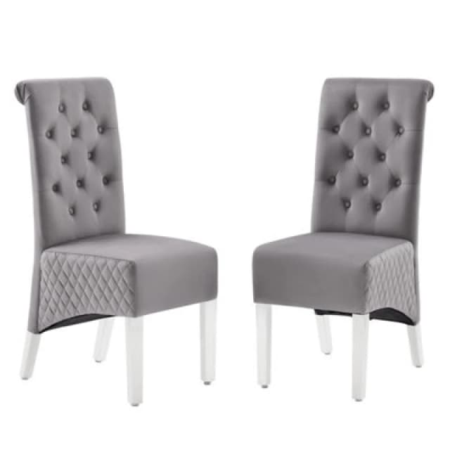 Modernique Modernique A Pair (x2) Velvet Tufted High Back Dining Chairs with Chrome Legs in Grey Grey One Size Unisex 4673802625649