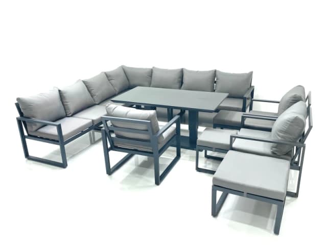 Fimous 13 Seater Outdoor Aluminum Garden Furniture Set Corner Sofa 3 Chair 3 Footstools Adjustable Rising Lifting Dining Table Sets Dark Grey Dark Gre