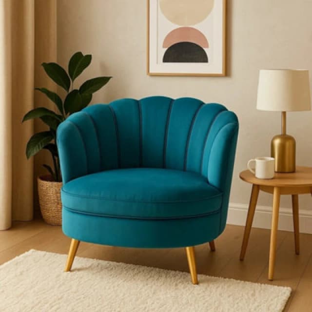 Orsina Blue Velvet Scalloped Armchair, Supportive Armrest Lounge Chair, Easy To Clean Velvet Accent Chair