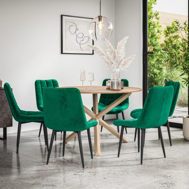 More4Homes Malvern Round Dining Table And Chairs - Oak Table Top W Solid Oak Legs + Nova Velvet Dining Chair Set Of 6 (Green)