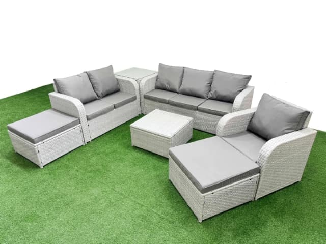 Fimous Patio PE Wicker 8 Seater Outdoor Rattan Furniture Sofa Sets with Square Coffee Table Reclining Chair Loveseat Sofa 3 Seater Sofa 2 Big Footstoo