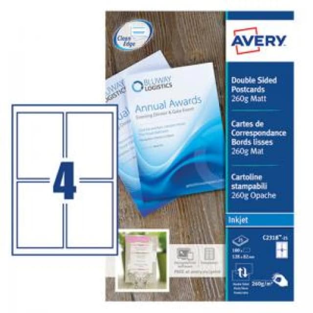Avery Printable Cards 128mm x 82mm Inkjet Prints on Both Sides 100 EXR42515AV