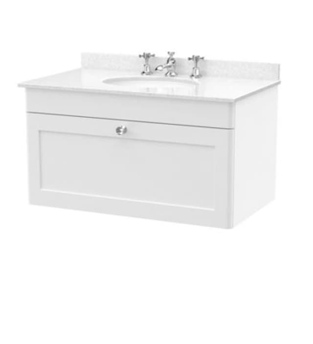 nuie 800mm Wall Hung 1 Drawer Vanity & Marble Top 3TH - Satin White CLC196WR3