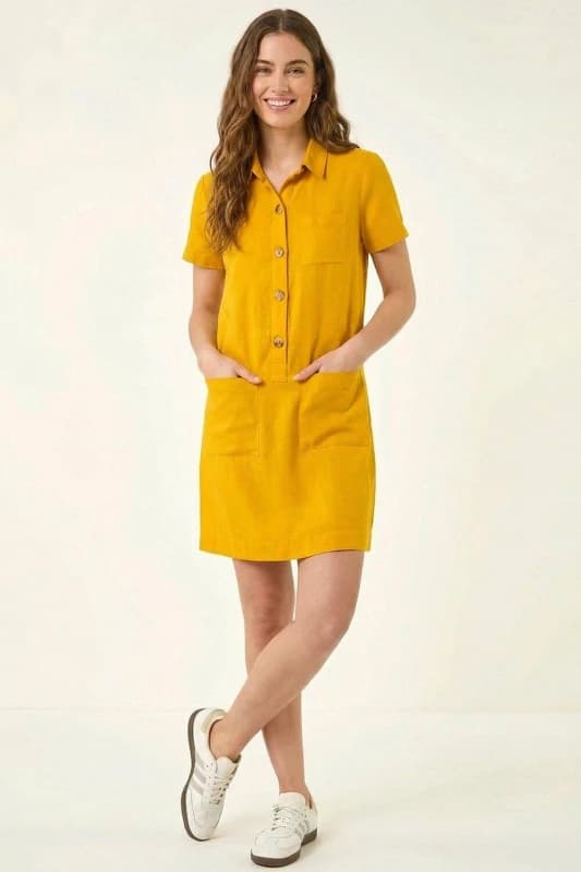 Roman Womens Buttoned Mini Shirt Dress in Amber Size: 12 Amber Female 12