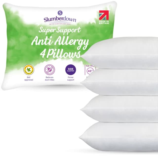 Slumberdown 4 Pack Anti Allergy Super Support Side Sleeper Firm Pillows White unisex