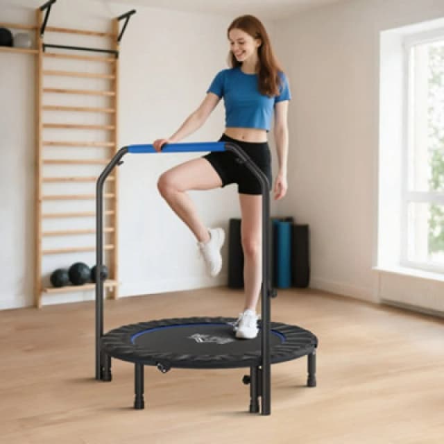 HOMCOM HOMCOM 45" Foldable Mini Trampoline Fitness Trampoline w/ Foam Handle in Blue Blue One Size Unisex 5063603028821