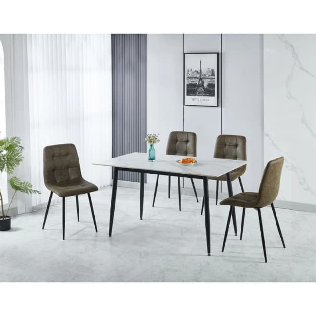 Seconique Fenton Dining Set White Marble Stone Effect With 4 Olive Green Suede Chairs