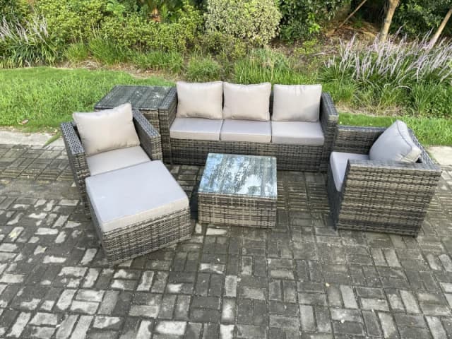 Fimous 6 Seater Outdoor Lounge Sofa Set Wicker PE Rattan Garden Furniture Set with Armchair Squar Coffee Table Footstool Dark Grey
