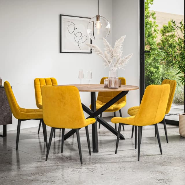 More4Homes Malvern Round Dining Table And Chairs - Oak Table Top W Solid Black Oak Legs + Nova Velvet Dining Chair Set Of 6 (Mustard)