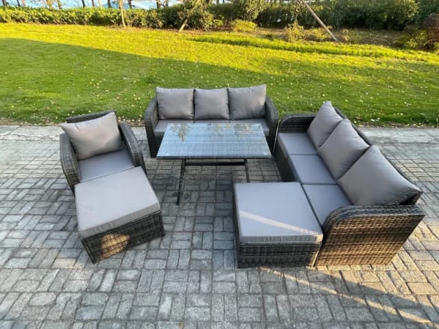 Fimous Rattan Garden Furniture Dining Set 9 seater Patio Rectangular Table 2 Big Footstool Dark Grey Mixed Dark Grey