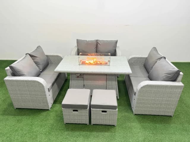 Fimous 8 Seater PE Wicker Rattan Furniture Sofa Sets with Firepit Dining Table 2 Seater Love Sofa 2 Stool Light Grey Light Grey