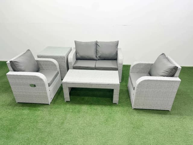 Fimous Light Grey PE Wicker Rattan Garden Furniture Set Sofa Set Reclining Adjustable Chair Oblong Coffee Table 4 Seater With Side Table Light Grey