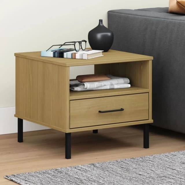 Vidaxl Bedside Table With Metal Legs Brown Solid Wood Pine Oslo, Brown 351030