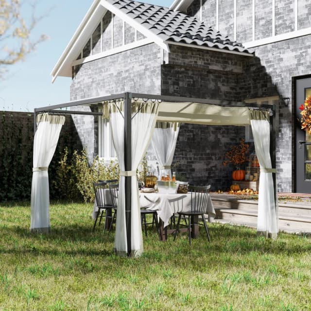 Outsunny 3 x 3m Pergola with Retractable Roof and Netting, Khaki 84C-482V01KK