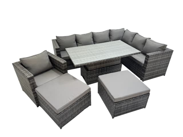 Fimous 9 Seater Rattan Corner Sofa Sets with Chair 2 Big Stools in Dark Grey Dark Grey Unisex