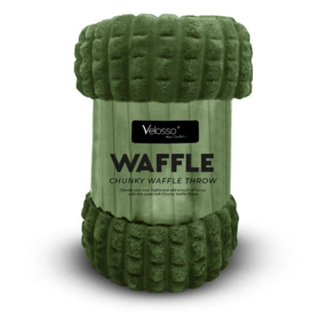 Velosso Elegant Waffle Style Ribbed Thermal Plush Throw - Cosy Winter Embossed Fur Blanket For Sofa, Bed - 127Cm X 152Cm - Olive