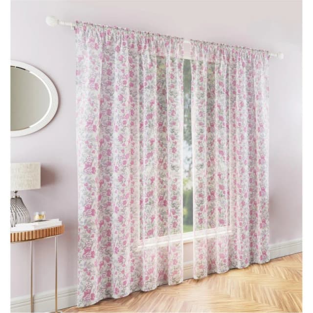 Tyrone Textiles Mia Floral Print Sheer Voile Panels - Pair Curtain Voiles / Nets / Lining 140x229cm Pink 70520606004