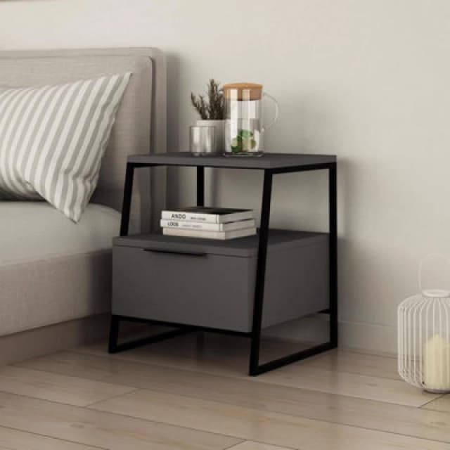 FWStyle FWStyle Dark Grey 1 Door Bedside Table Nightstand Black Metal Grey One Size Unisex 5056413133250