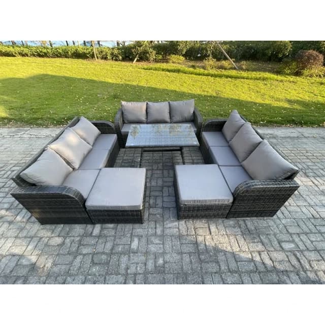 Fimous Rattan Garden Furniture Dining Set 11 seater Patio Rectangular Table 2 Big Footstool Dark Grey