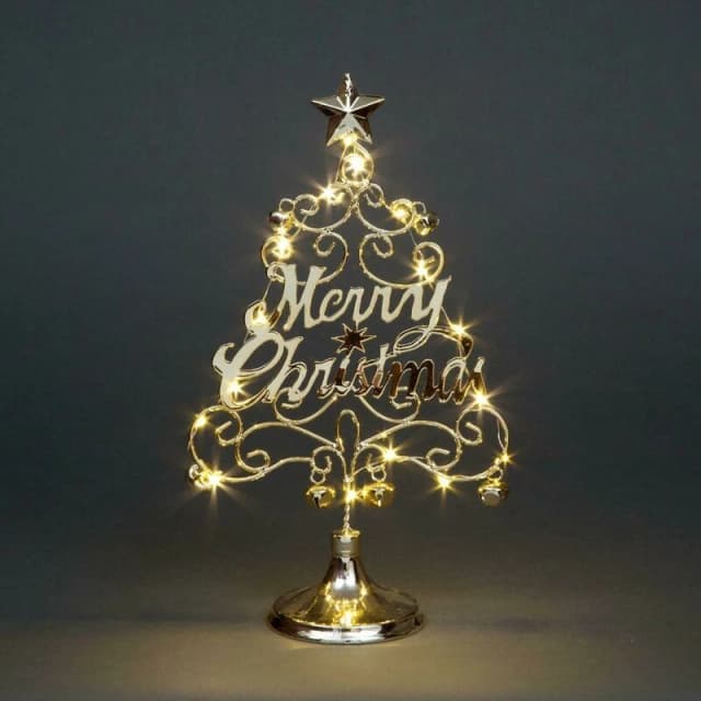 Shatchi Pre-Lit Table Top Golden/Silver Merry Christmas Tree Cool Bells Star Festive Xmas Holiday Home Office Novelty Decorations, Silver