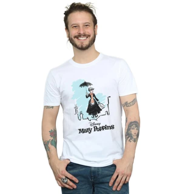 Disney Men Mary Poppins Rooftop Landing Colour T-Shirt in White Size: Small White S Male 5057981445271