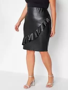 Yours Pu Skirt With Asymetric Ruffle - Black, Size 16, Women