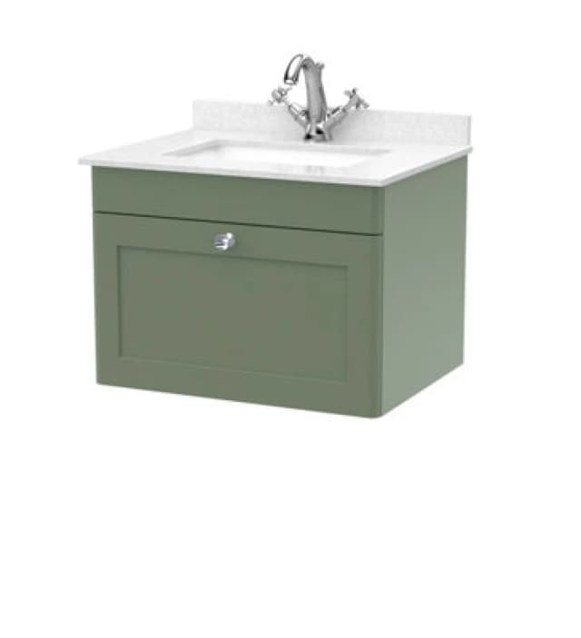 nuie 600mm Wall Hung 1 Drawer Vanity & Marble Top 1TH - Satin Green CLC894WS1