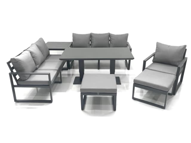 Fimous Outdoor Garden Furniture Set Aluminium Lounge Sofa Adjustable Rising Lifting Dining Table Sets with 2 Big Footstools Side Table Dark Grey Dark