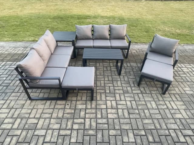 Fimous Aluminium 7 Pieces Garden Furniture Set with Cushions 9 Seater Outdoor Patio Lounge Sofa Set with Armchair 2 Big Footstools Side Table Dark Gre