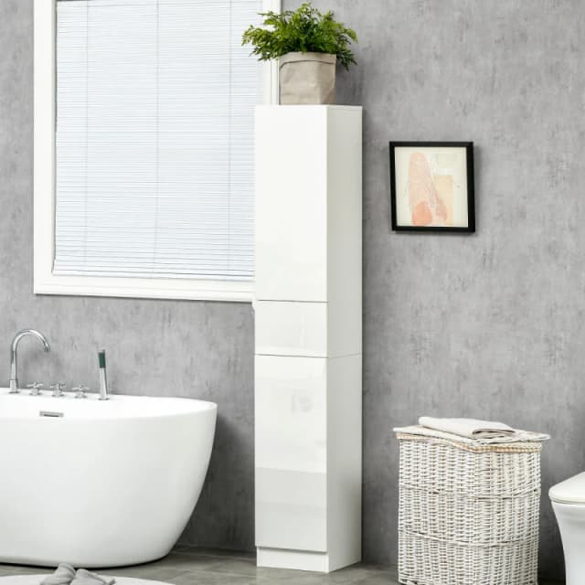 KLEANKIN High Gloss Tall Bathroom Cabinet with Adjustable Shelves White - Kleankin 5056602903725