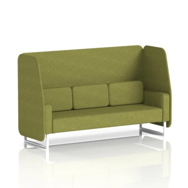 Brixworth 3 Seater Open Office Booth with White Legs in Rivet Fabric - Olive Panels and Sofa