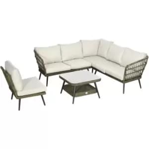 Outsunny - Rattan Corner Sofa, Rattan Garden Furniture w/Glass Top Two-tier Table - Grey