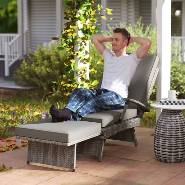 Outsunny Foldable Rattan Garden Recliner Chair w/ Cushion, Footrest, Grey 867-219V70LG