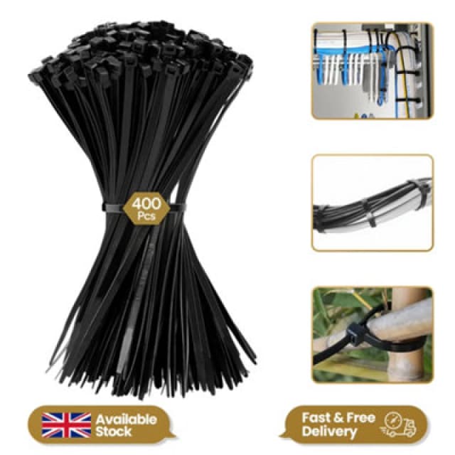 Shatchi 400 Pcs 200mm X 4.8mm Strong Black Nylon Plastic Cable Ties Zip Tie Wraps Organizer