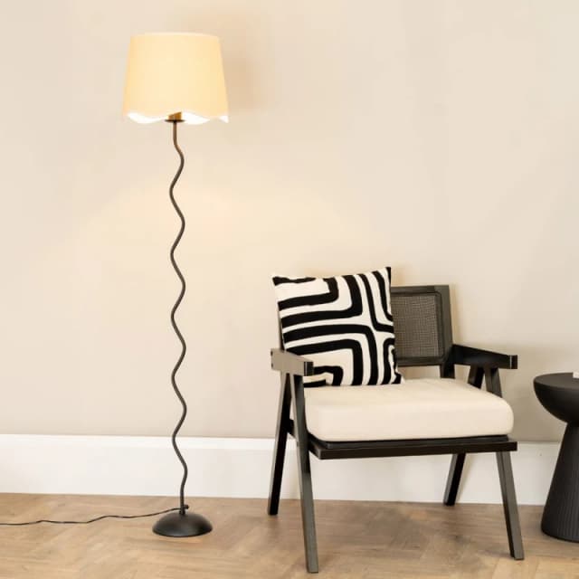 ValueLights Wiggle Black Metal Stem Floor Lamp with Linen Scallop Trim Tapered Lamp Shade White