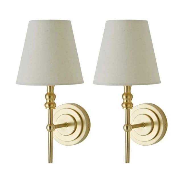 ValueLights ValueLights Maggie Pair of Candlestick Wall Lights with Linen Tapered Lamp Shades in Gold Gold One Size Unisex 5059406068508