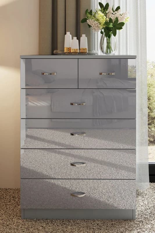 FWStyle FWStyle Large 6 Drawer High Gloss Chest Of Drawers in Grey Grey One Size Unisex 5056413121257