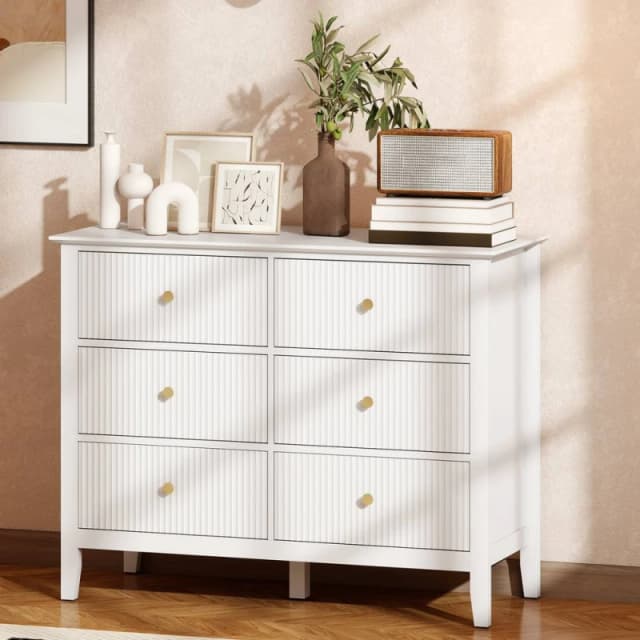 HOMCOM Fluted Chest of Drawers 6 Drawer Dresser for Bedroom Hallway White White Unisex