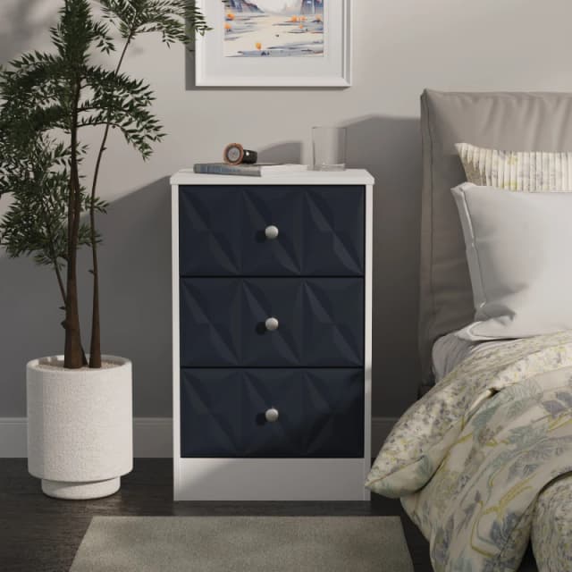 San Jose Ready Assembled Matt Indigo & White 3 Drawer Bedside Chest (H)726mm (W)450mm (D)395mm