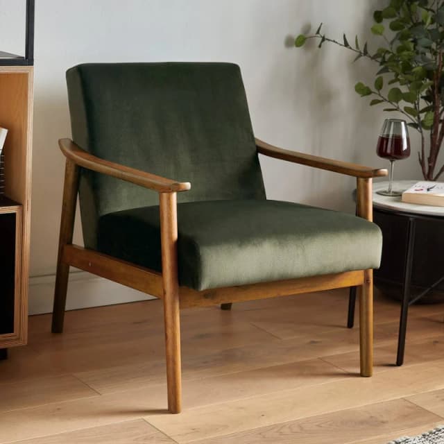 Spinningfield Forest Green Armchair, Velvet Accent Chair For Living Room, Mid-Century Lounge Chair With Rubberwood Legs, Fairfield