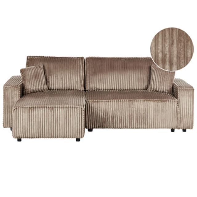 Beliani Corner Sofa Bed 3 Seater Abacka Corduroy Light Brown With Storage Right Hand