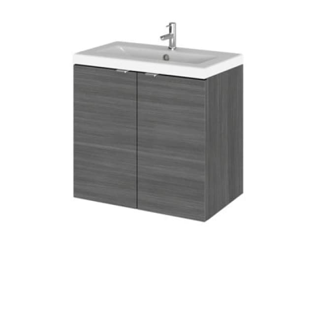 Hudson Reed Fusion Wall Hung 2 Door Vanity Unit & Ceramic Basin, Sink Vanity Unit, Anthracite Woodgrain, 600mm