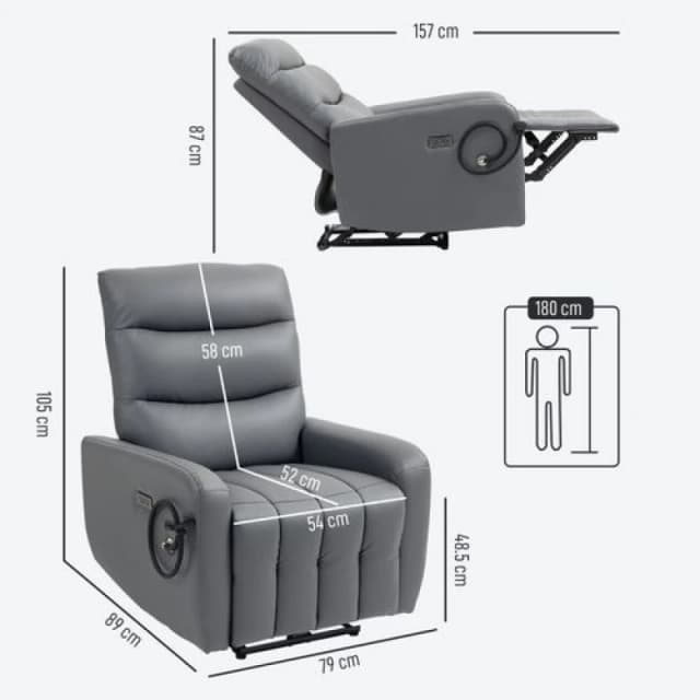 HOMCOM HOMCOM Electric Recliner Chair with Phone Holder, USB Charge Port, Grey in Dark Grey Dark Grey One Size Unisex 5063603904095