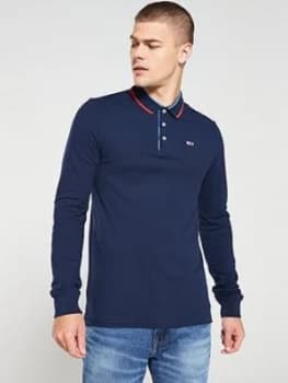 Tommy Jeans Long Sleeved Polo Shirt - Navy, Black, Size 2XL, Men