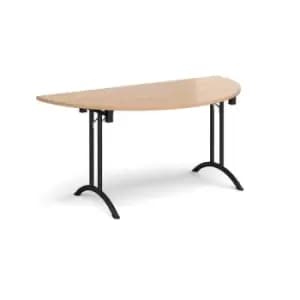 Semi circular folding leg table with Black legs and curved foot rails 1600mm x 800mm - beech
