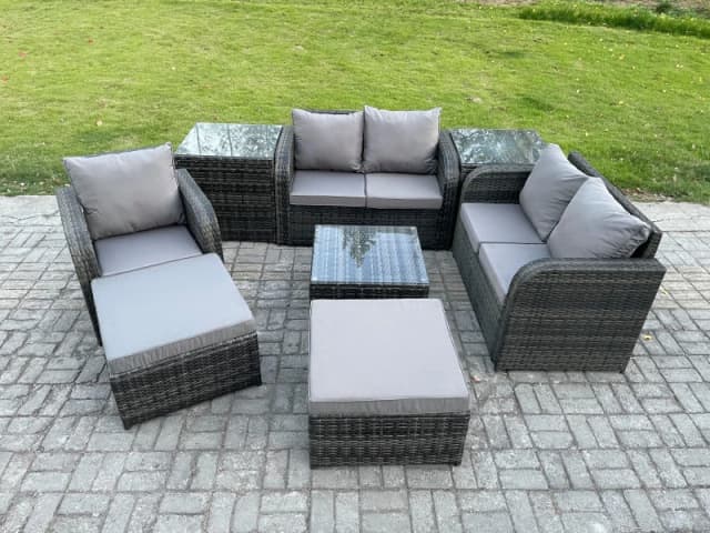Fimous PE Rattan Garden Furniture Sets Outdoor Love Sofa Chair Set Square Coffee Table 2 Side Tables 2 Big Footstool Dark Grey