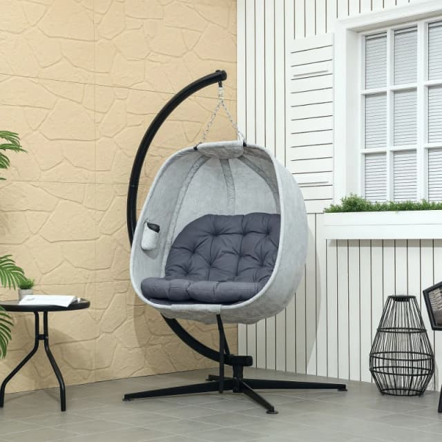 Outsunny Hanging Egg Chair Outdoor Indoor Swing Chair - Folding Basket - Sand - Grey TJ Hughes 5063603174313
