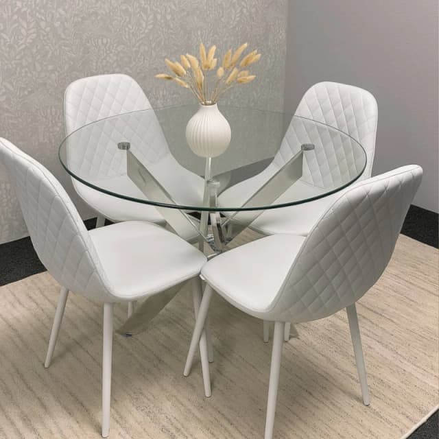 Kosy Koala Round Glass Dining Table With 4 White Leather Chairs Dinning Furniture Modern Set, Multi MAYARND+4WHGEM