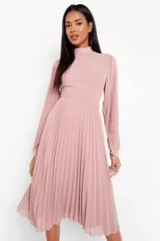 Pleated High Neck Midi Skater Dress