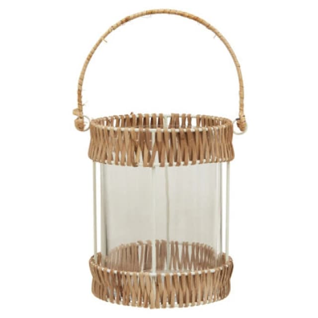 Orsina Natural Rattan Small Lantern, Rustic And Stylish Glass Lantern, White Metal And Clear Glass Candle Lantern